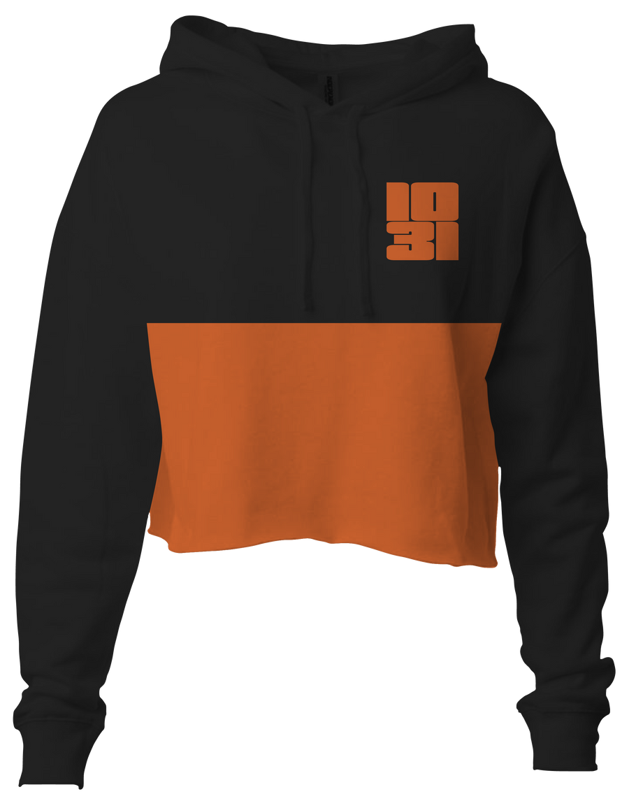 1031 Black & Orange Crop Split Color Pullover Hoodie