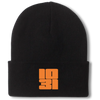 Black knit cuffed beanie with embroidered orange 1031 halloween design