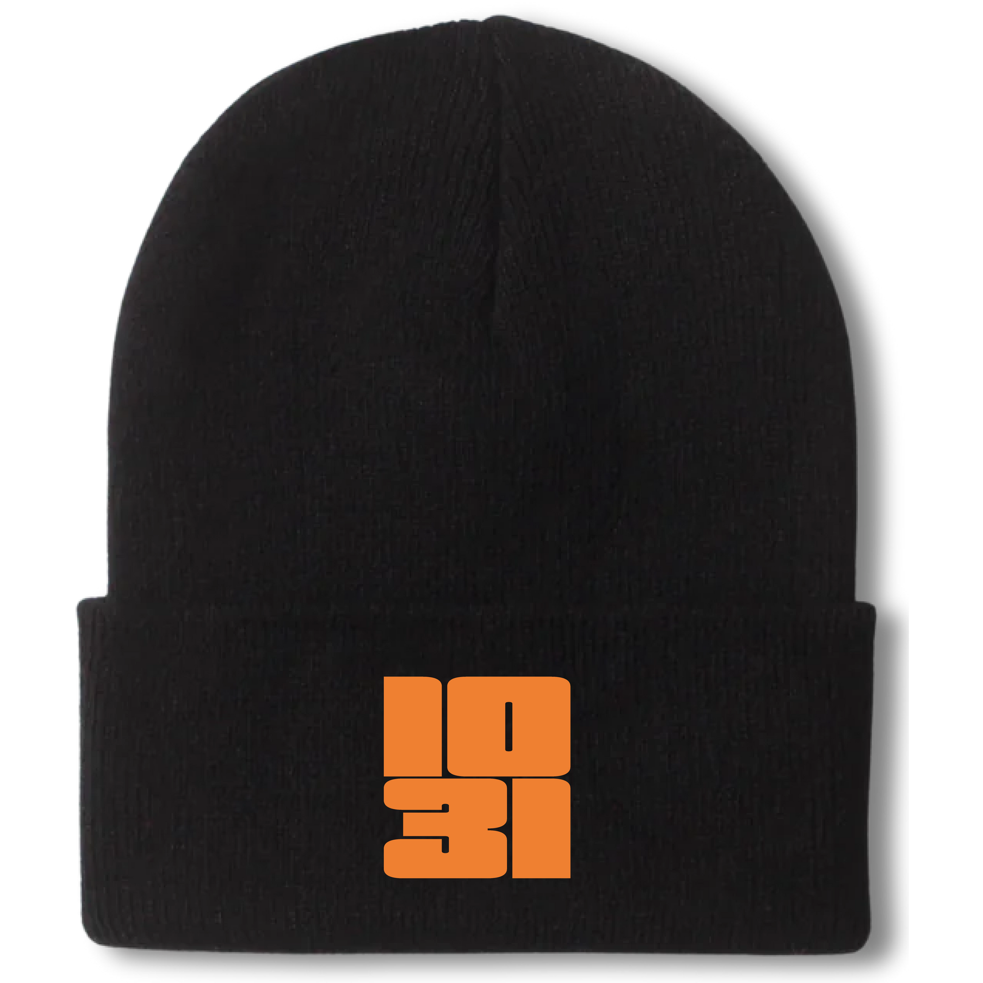 Black knit cuffed beanie with embroidered orange 1031 halloween design