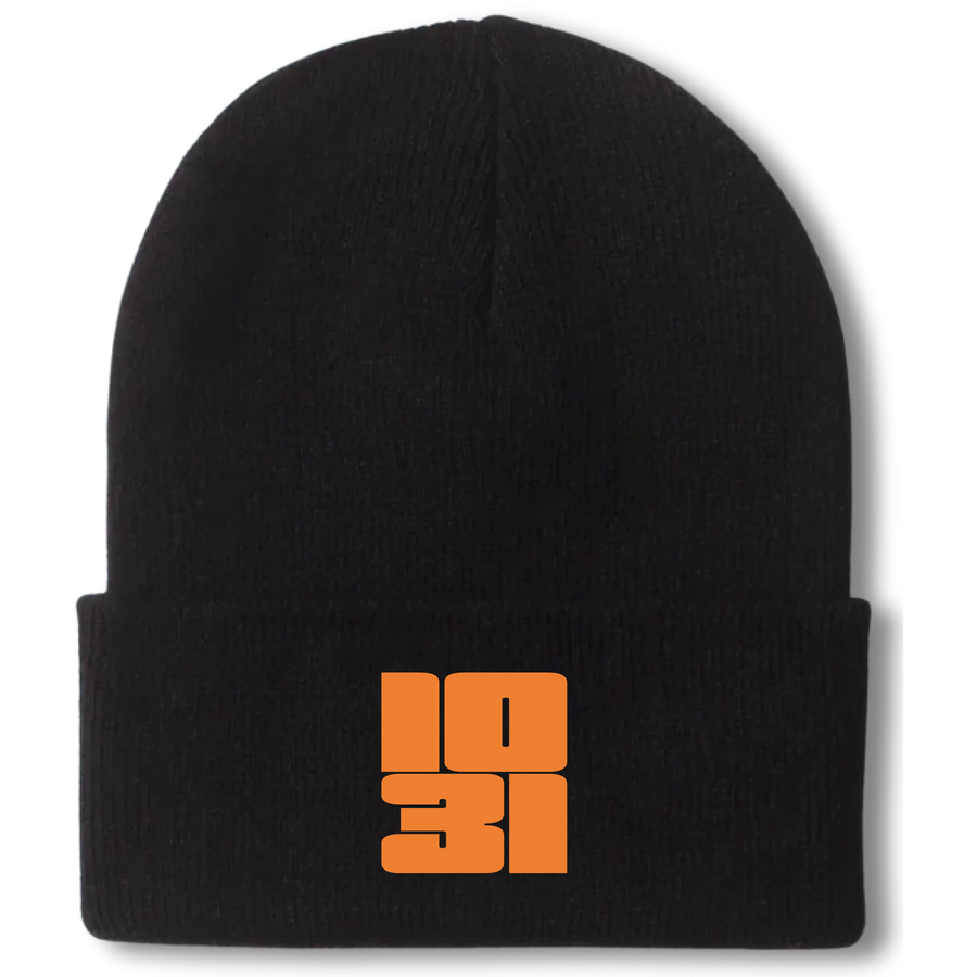 Black knit cuffed beanie with embroidered orange 1031 halloween design