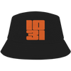 Black bucket hat with orange 1031 logo – Halloween-inspired hat by Haunt Shirts