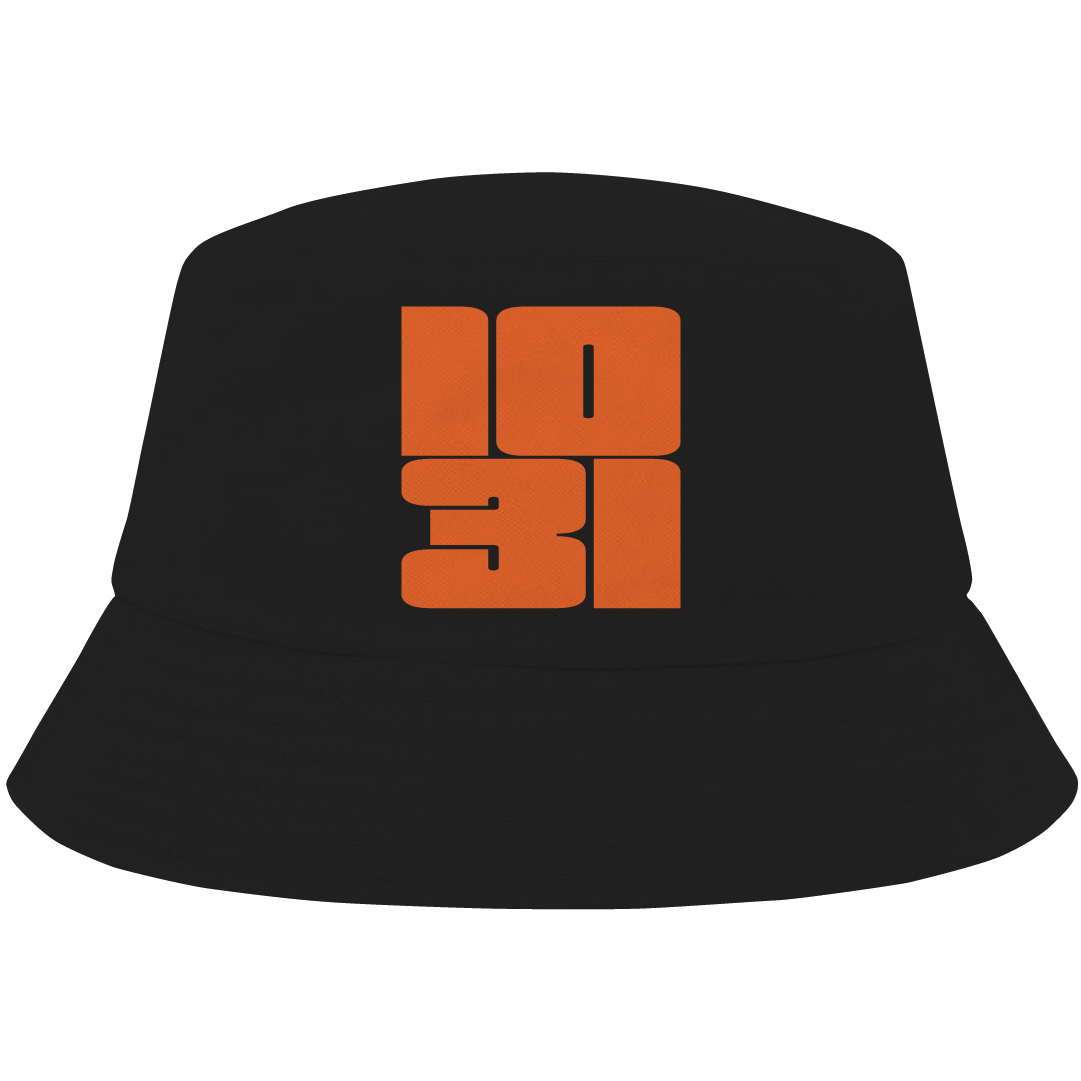 Black bucket hat with orange 1031 logo – Halloween-inspired hat by Haunt Shirts