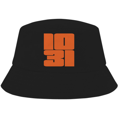 Black bucket hat with orange 1031 logo – Halloween-inspired hat by Haunt Shirts