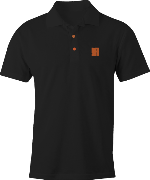 Black polo shirt with 1031 orange embroidery – Halloween-inspired business casual by Haunt Shirts