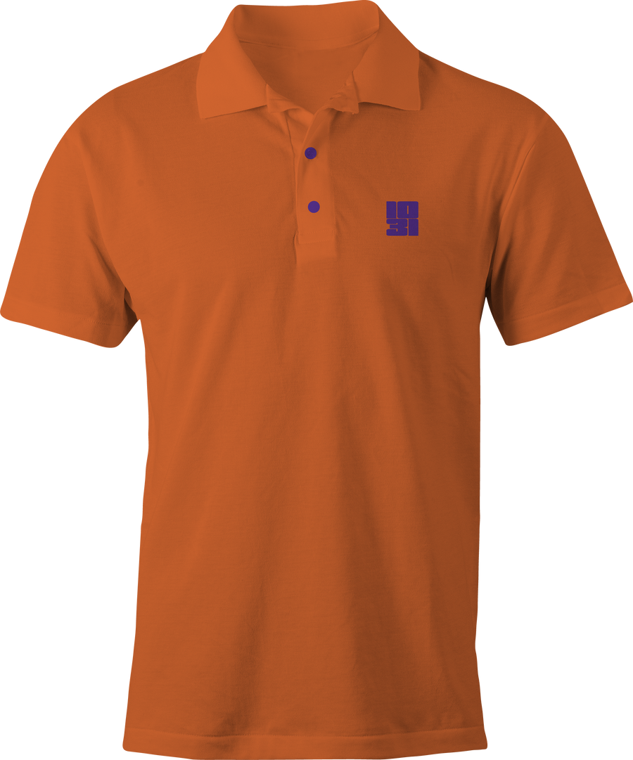 Orange polo shirt with 1031 purple embroidery – Halloween-inspired business casual by Haunt Shirts