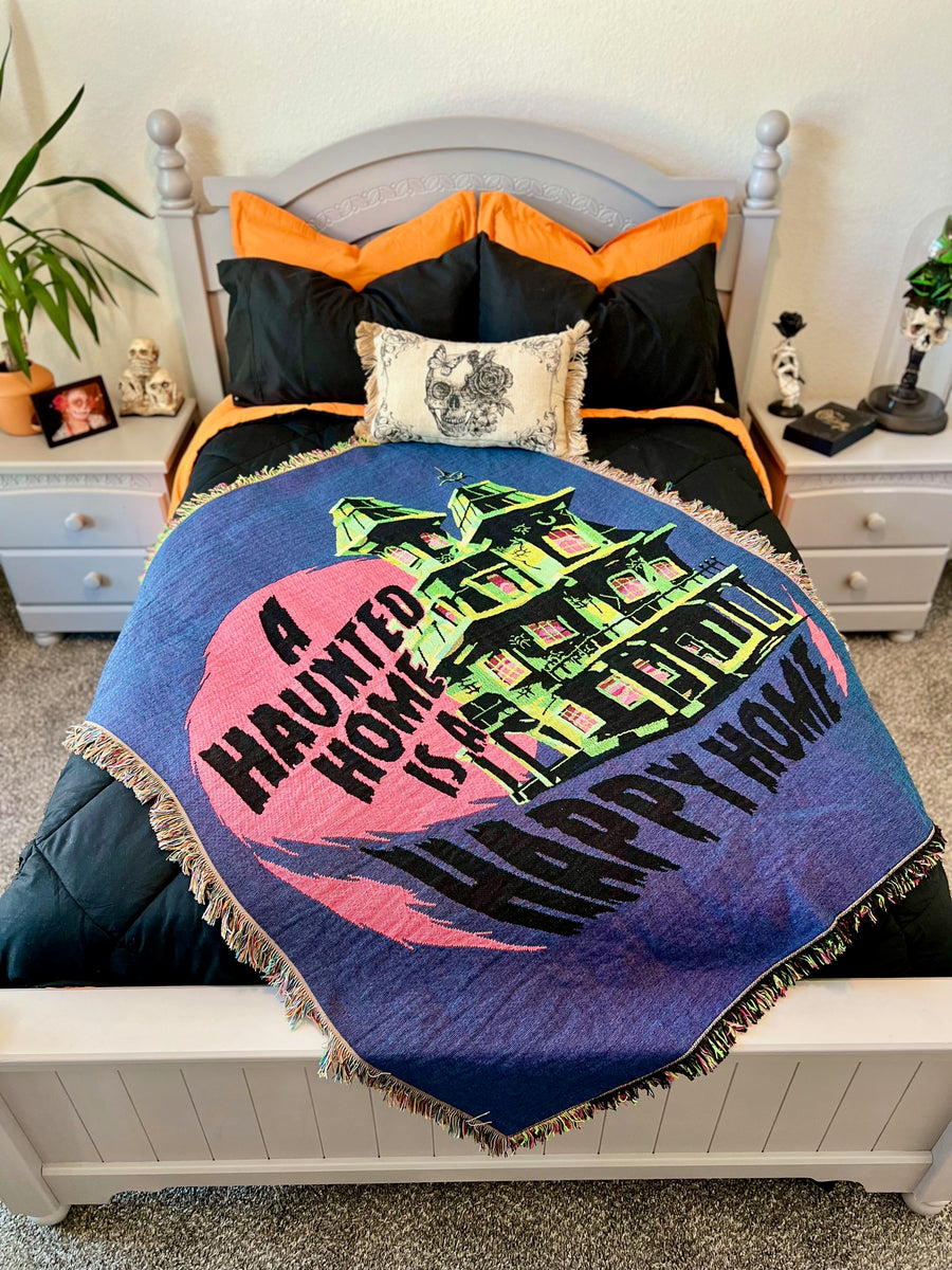 Spooky Tapestry halloween Blanket – A Haunted Home is a Happy Home Design
