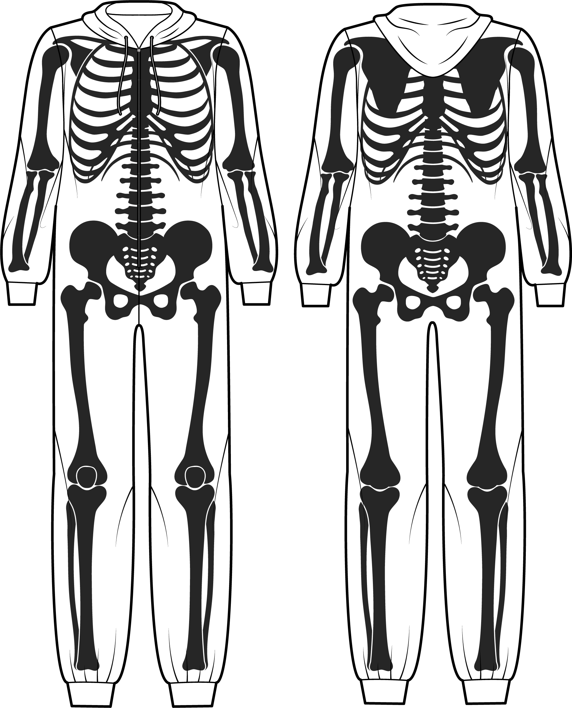 Adult skeleton onesie 2 sided black on white costume full-body pajama with hood and zipper