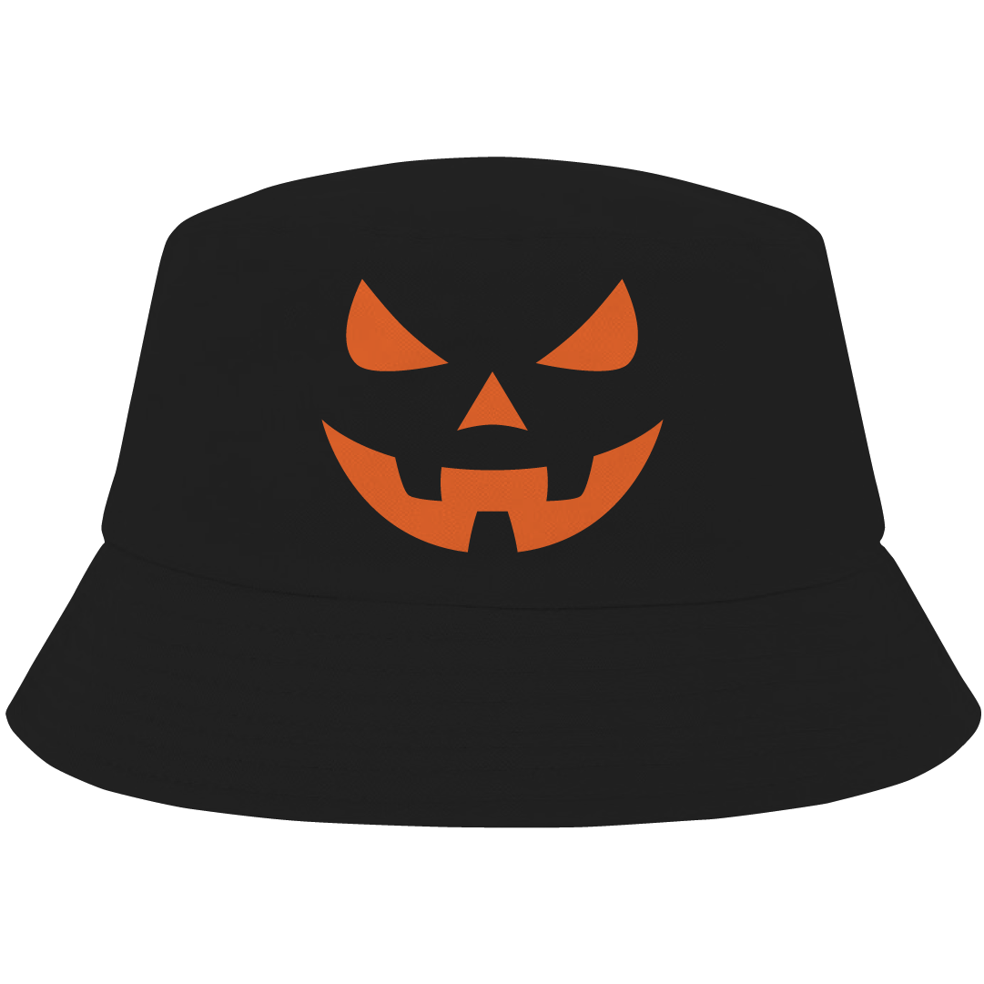 Black bucket hat with orange pumpkin face – bold Halloween hat by Haunt Shirts