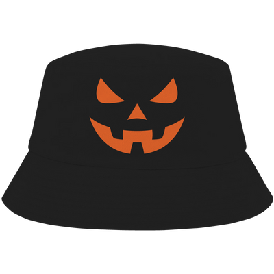 Black bucket hat with orange pumpkin face – bold Halloween hat by Haunt Shirts