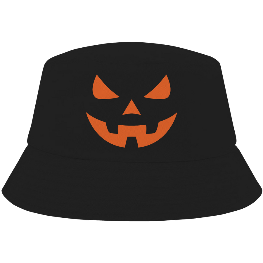 Orange bucket hat with black pumpkin face – classic Halloween hat by Haunt Shirts