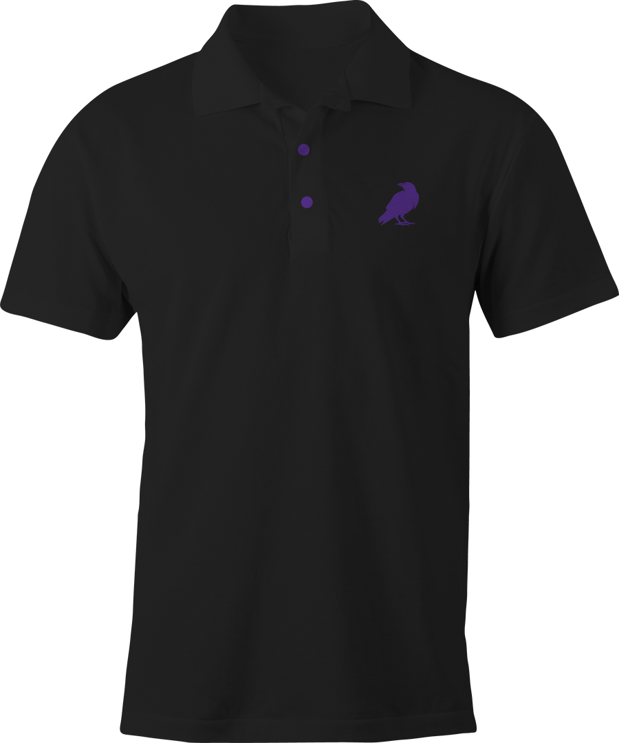 Black halloween polo shirt with purple crow embroidery on front left chest