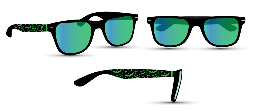 Black sunglasses with green jack-o'-lantern print and green lenses