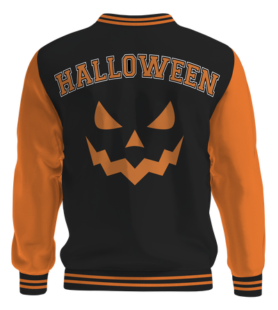 1031 Halloween Pumpkin Letterman Jacket Full Fleece in Vintage Orange and Black