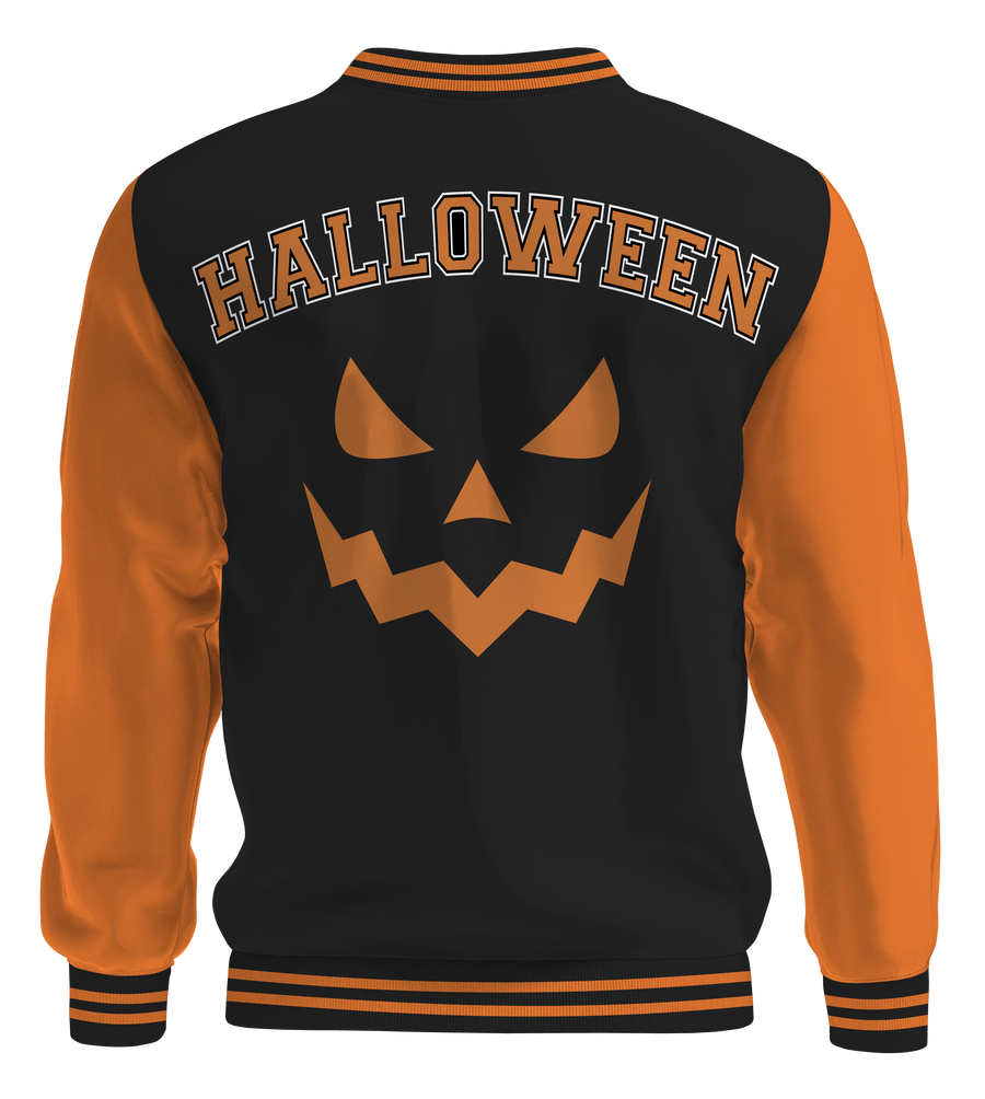 1031 Halloween Pumpkin Letterman Jacket Full Fleece in Vintage Orange and Black