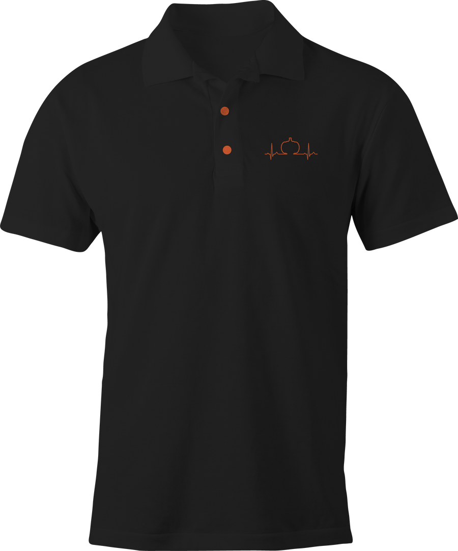 Black Polo with Halloween Heartbeat Embroidery in Orange