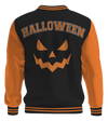 Halloween varsity letterman jacket with orange sleeves, black body, embroidered 'H' on front, jack-o'-lantern face and Halloween on back