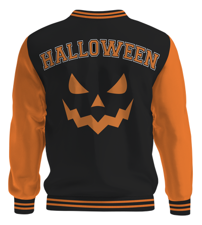 Halloween varsity letterman jacket with orange sleeves, black body, embroidered 'H' on front, jack-o'-lantern face and Halloween on back