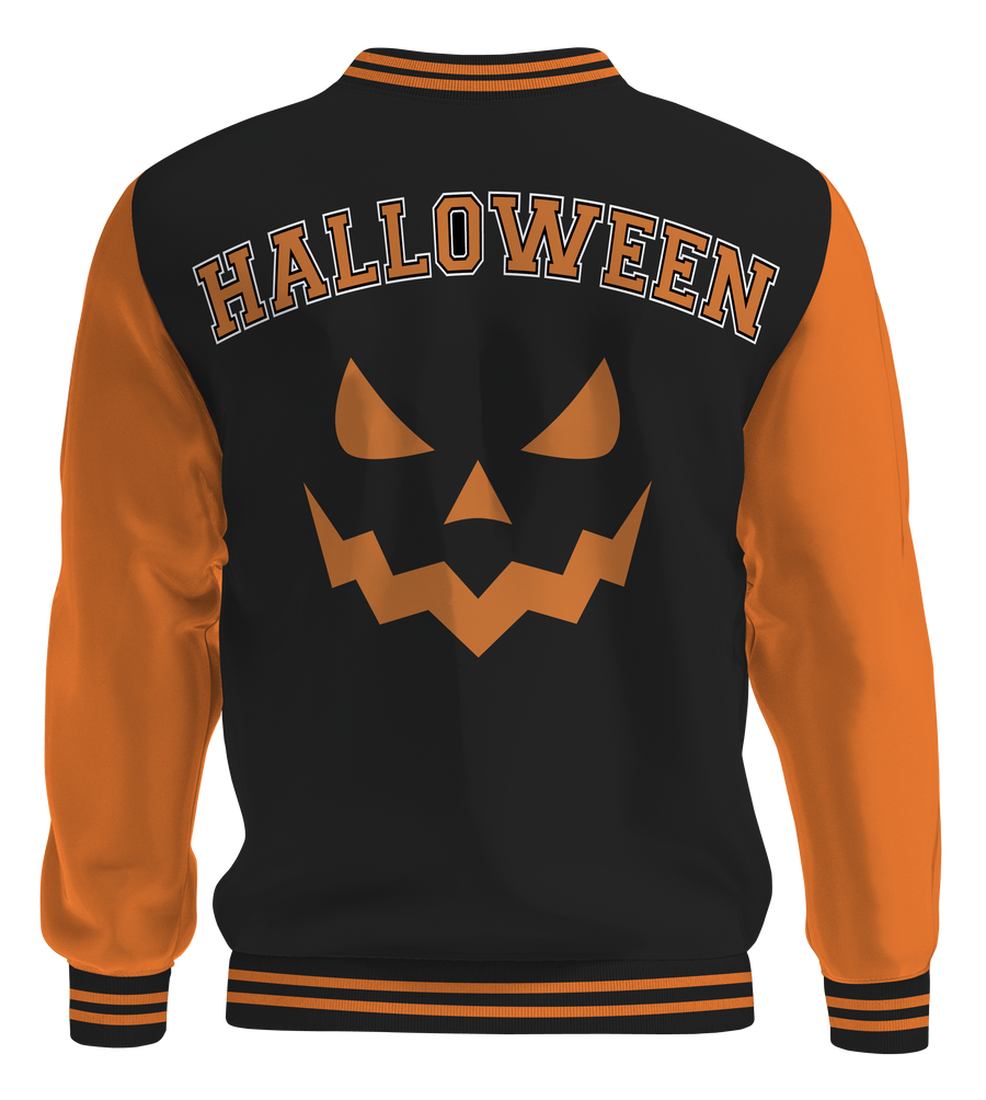 Halloween varsity letterman jacket with orange sleeves, black body, embroidered 'H' on front, jack-o'-lantern face and Halloween on back