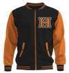 Halloween varsity letterman jacket with orange sleeves, black body, embroidered 'H' on front, jack-o'-lantern face and Halloween on back