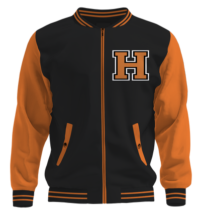 Halloween varsity letterman jacket with orange sleeves, black body, embroidered 'H' on front, jack-o'-lantern face and Halloween on back