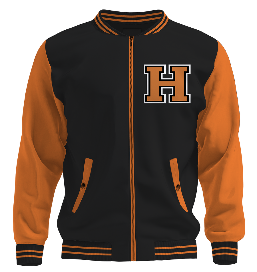 Halloween varsity letterman jacket with orange sleeves, black body, embroidered 'H' on front, jack-o'-lantern face and Halloween on back