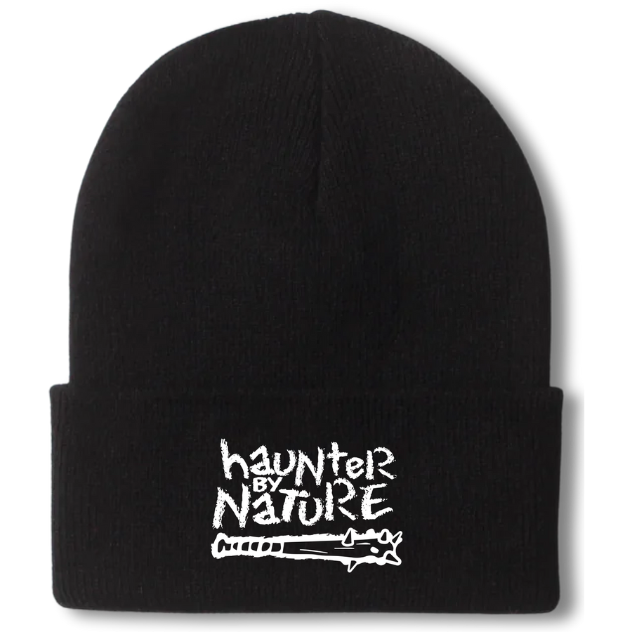 Halloween Black knit cuffed beanie with embroidered 'Haunter by Nature' design