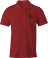 Red polo shirt with black Headless Horseman embroidery – Halloween-inspired business casual by Haunt Shirts