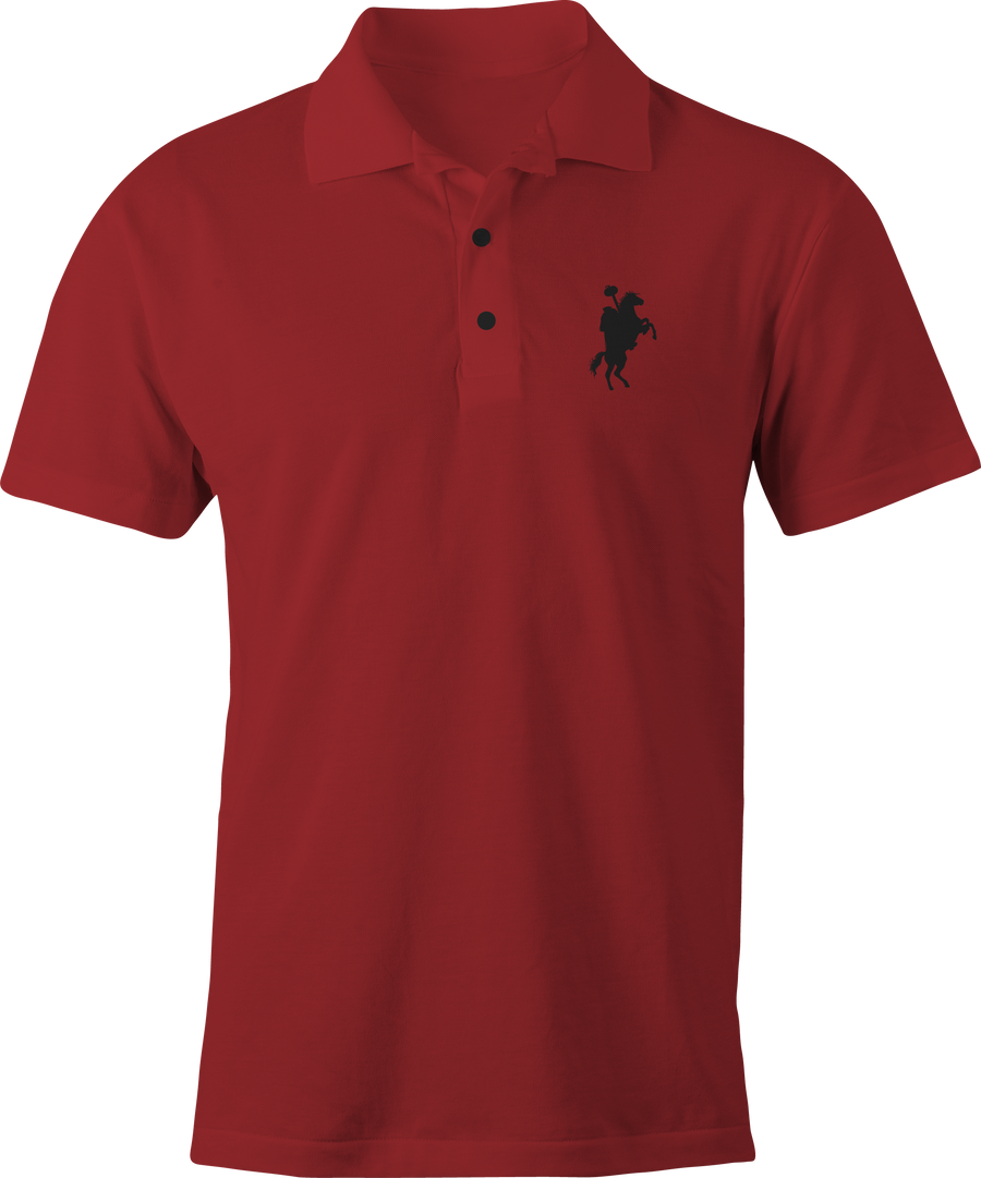 Red polo shirt with black Headless Horseman embroidery – Halloween-inspired business casual by Haunt Shirts