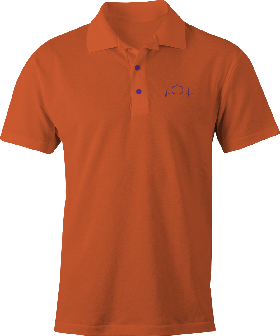 Orange polo shirt with Halloween heartbeat design – subtle spooky business casual by Haunt Shirts