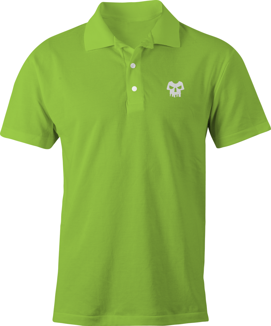 Lime green polo shirt with embroidered Haunt Shirts skull logo – Halloween-inspired casual wear