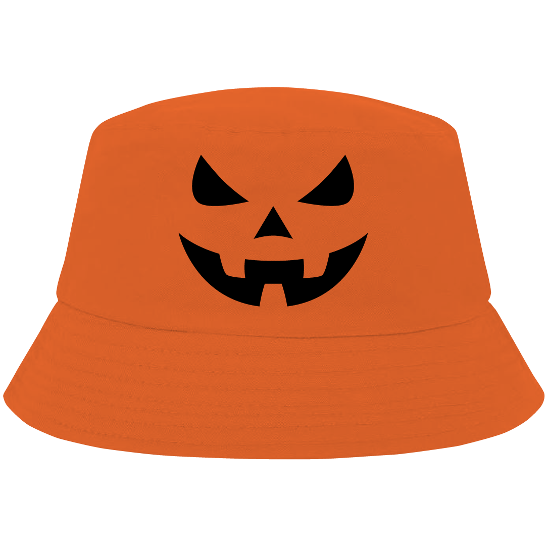 Orange bucket hat with black pumpkin face – classic Halloween hat by Haunt Shirts