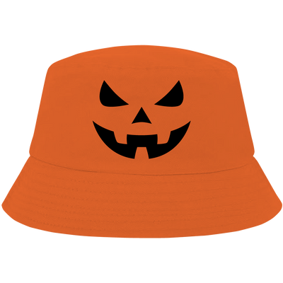 Orange bucket hat with black pumpkin face – classic Halloween hat by Haunt Shirts