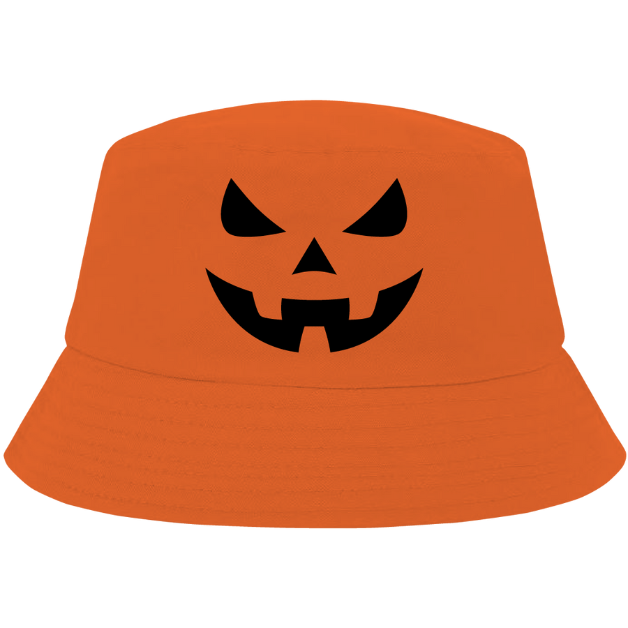 Orange bucket hat with black pumpkin face – classic Halloween hat by Haunt Shirts
