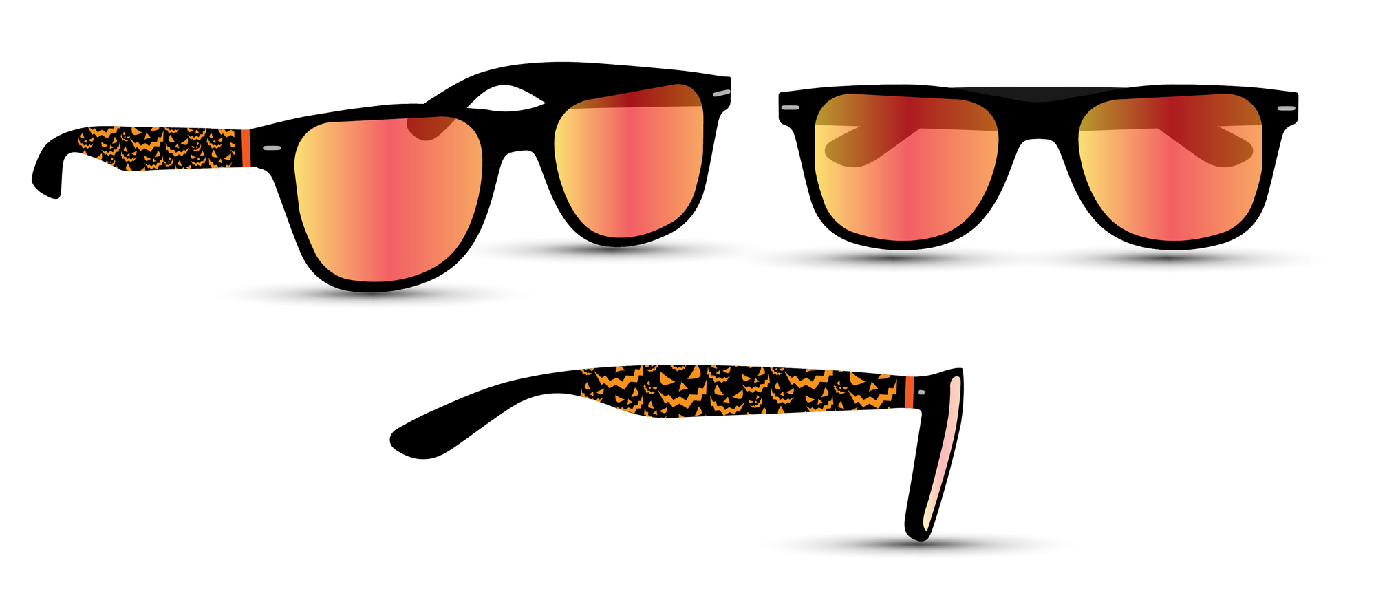Black sunglasses with orange jack-o'-lantern print and orange lenses