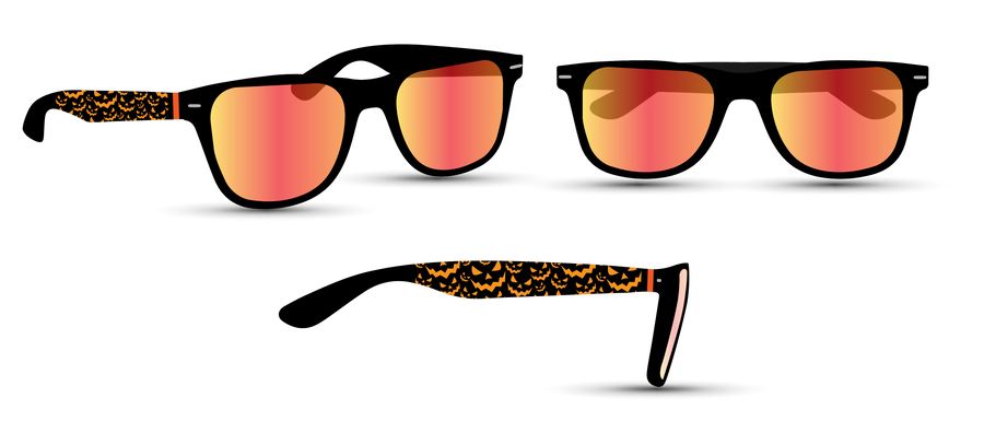 Black sunglasses with orange jack-o'-lantern print and orange lenses