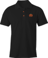 Black polo shirt with a subtle Halloween pumpkin design, blending festive spirit with timeless style