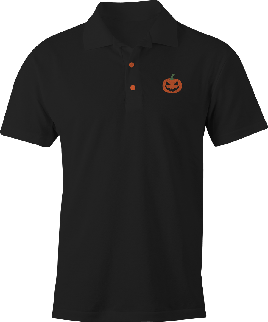 Black polo shirt with a subtle Halloween pumpkin design, blending festive spirit with timeless style
