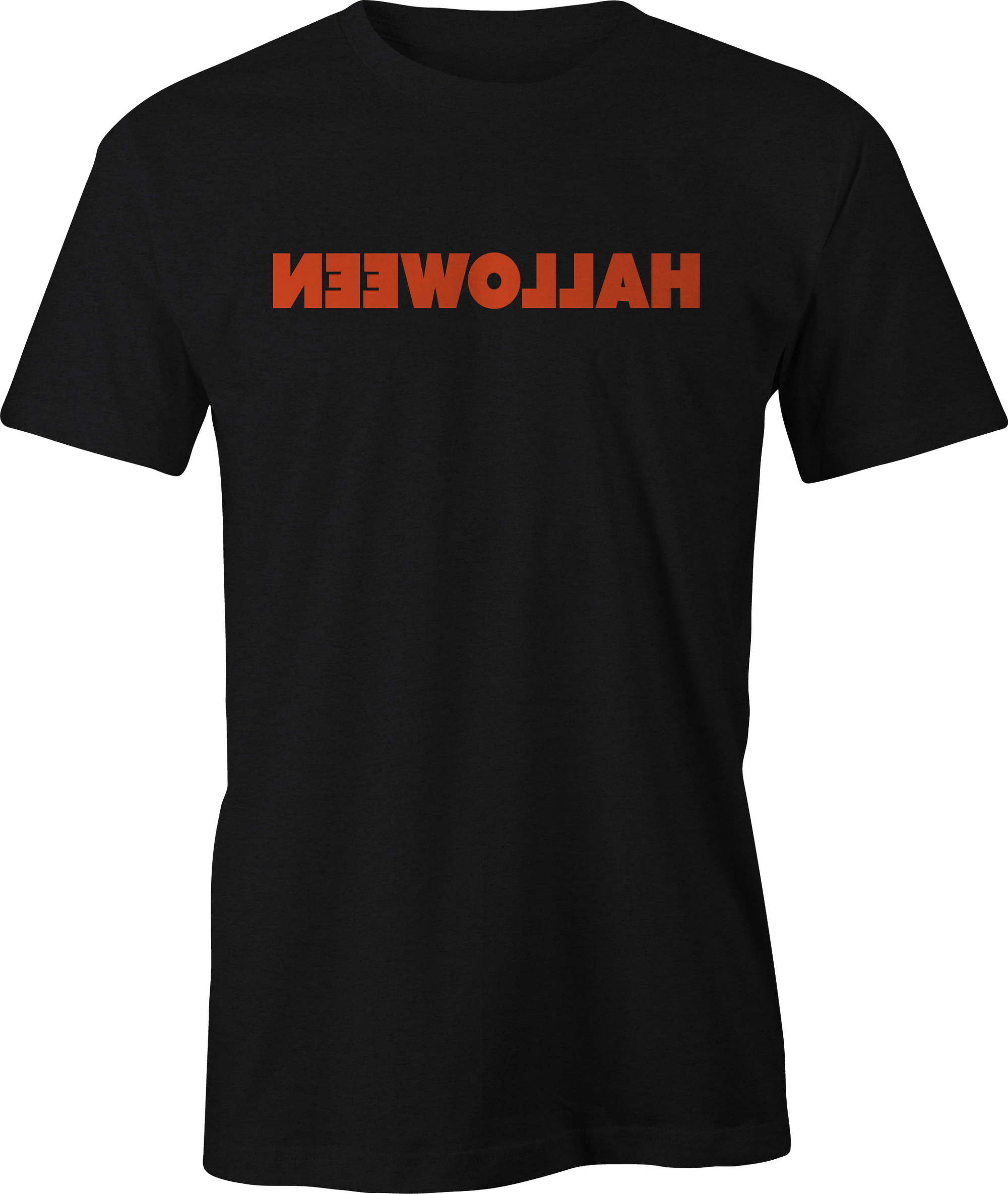 Black t-shirt with reverse 'Halloween' design printed in orange ink