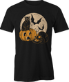 Scared Black T-Shirt with Cat, Bats, Skull, and Moon Design – Halloween Tee