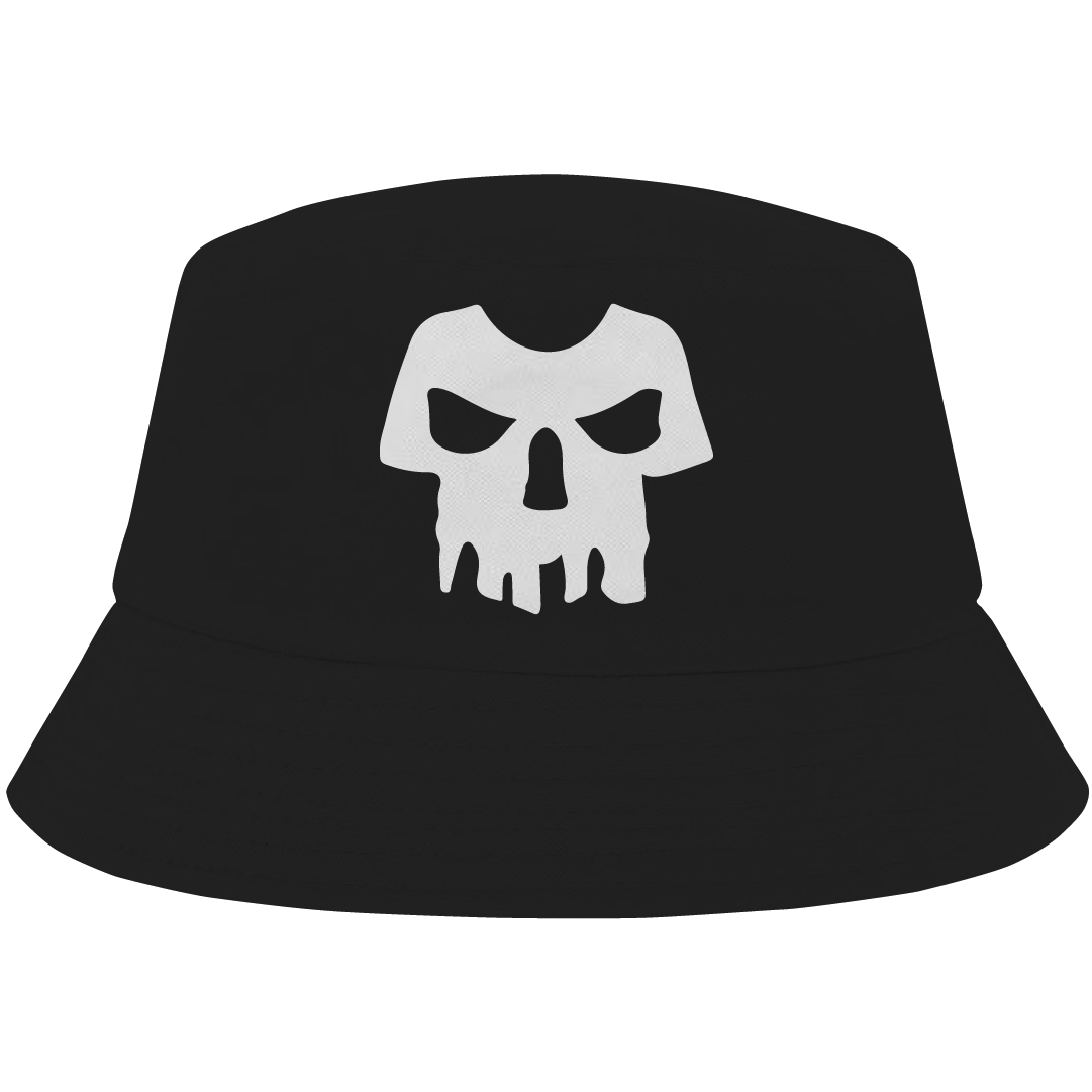 Black bucket hat with white skull logo – spooky Halloween hat by Haunt Shirts