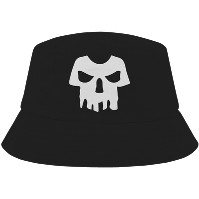 Black bucket hat with white skull logo – spooky Halloween hat by Haunt Shirts