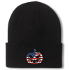 Black knit cuffed beanie with embroidered American Flag Jack O' Lantern United Halloween design