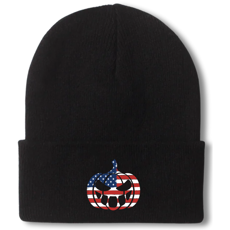 Black knit cuffed beanie with embroidered American Flag Jack O' Lantern United Halloween design