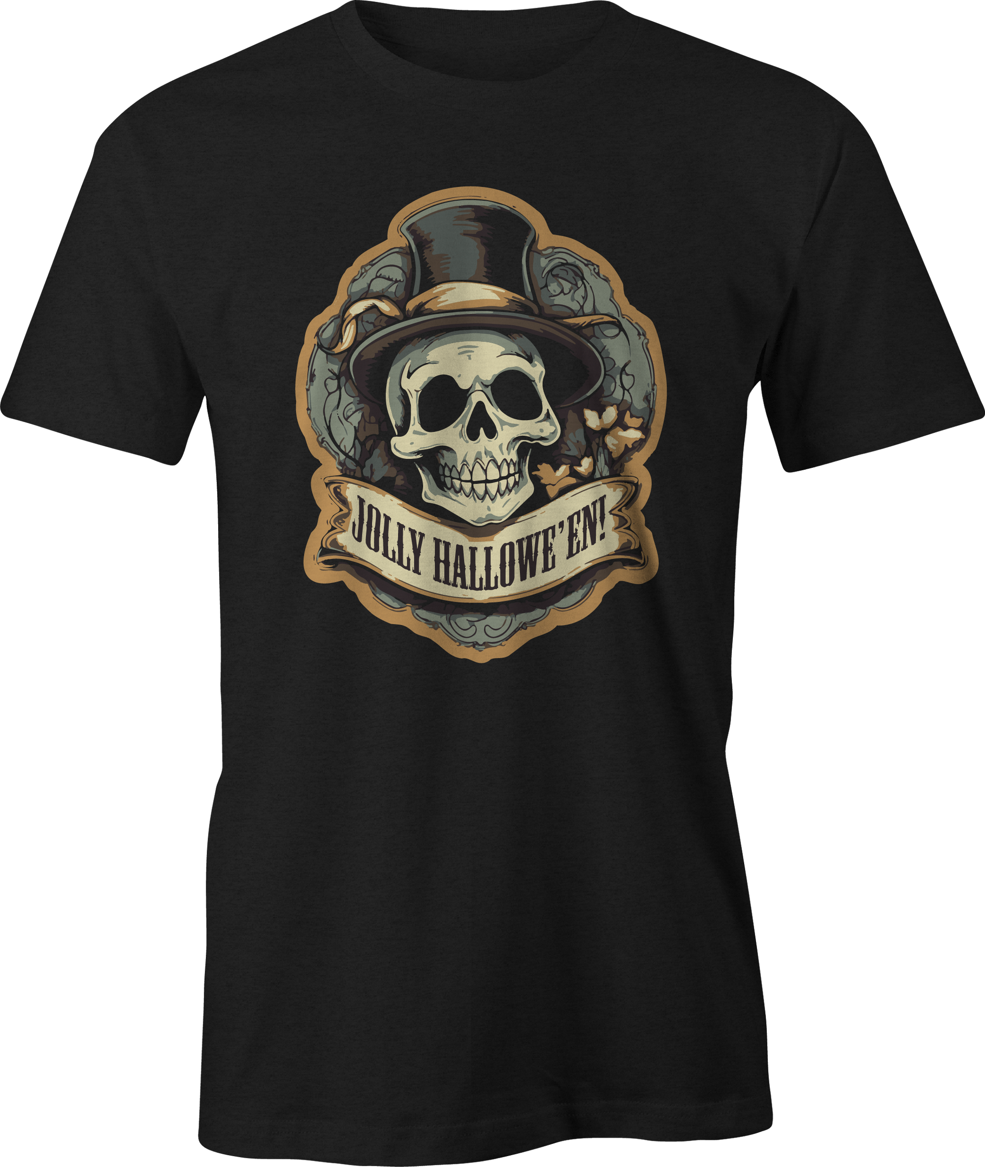 Jolly Hallowe'en t-shirt with vintage skull in top hat design by Haunt Shirts – classic Halloween black tee