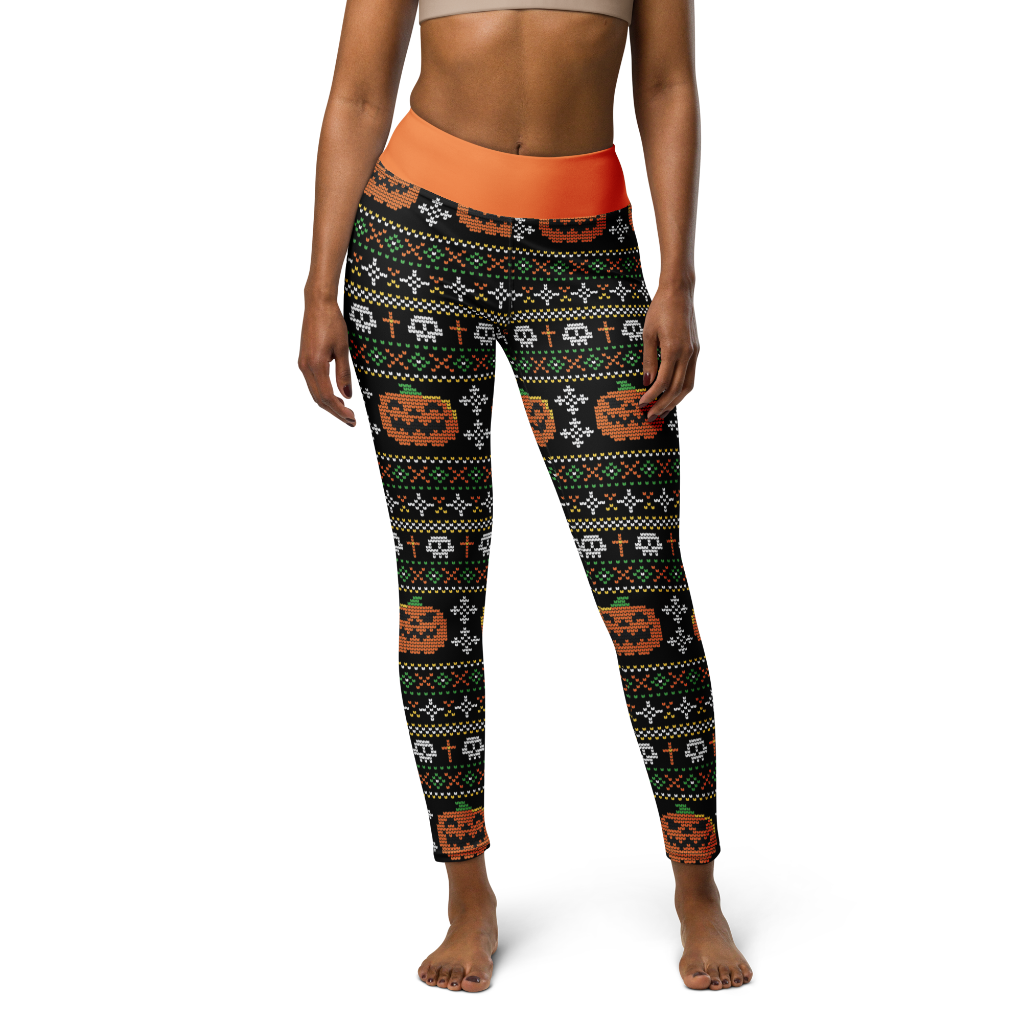 Fleece lined Christmas pumpkins leggings with pumpkin, skull, and cross pattern in black, orange, and white – festive holiday leggings