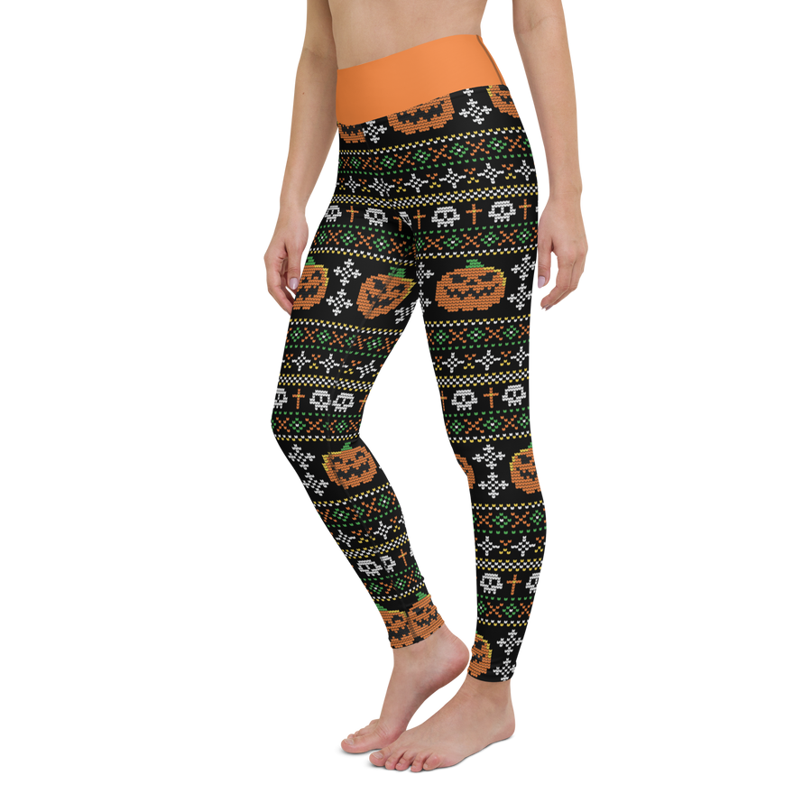 Fleece lined Christmas pumpkins leggings with pumpkin, skull, and cross pattern in black, orange, and white – festive holiday leggings