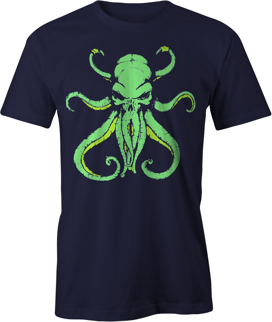 Elder God Cthulhu T-Shirt with green Lovecraftian horror design on blue tee – Haunt Shirts cosmic horror apparel