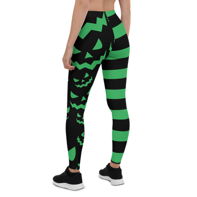 Ladies Pumpkin Face & Stripes Leggings Green/Black