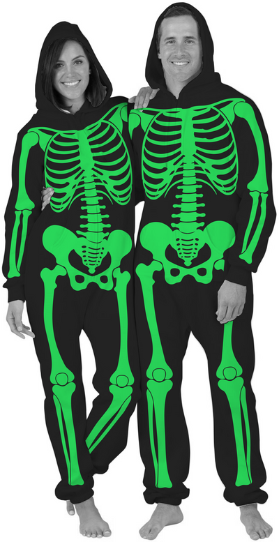 Adult and kids skeleton onesie Halloween costume with hood and full-body skeleton design green on black