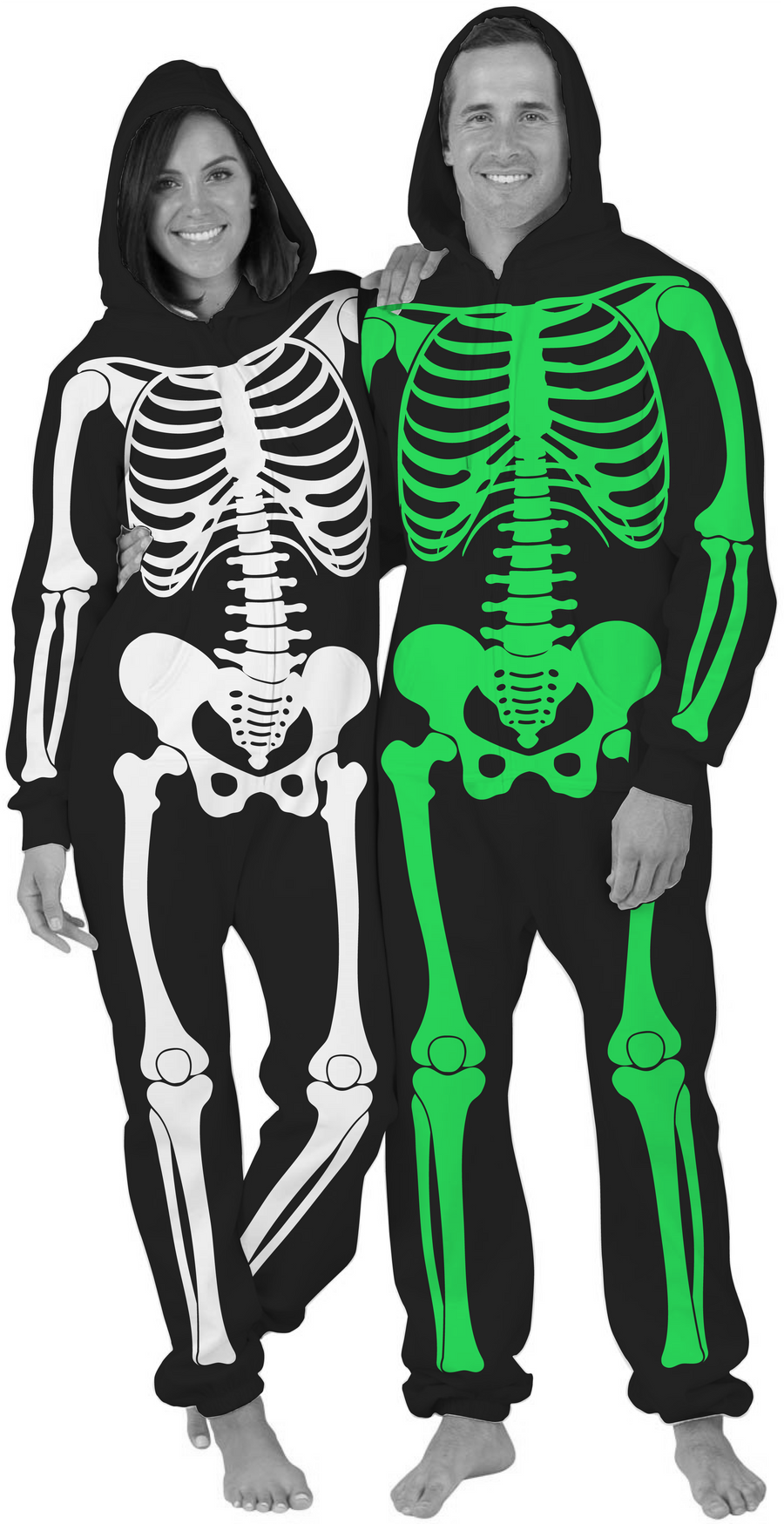 Adult and kids skeleton onesie Halloween costume with hood and full-body skeleton design